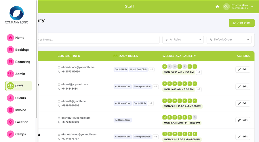 Childcare staff management directory showing roles and weekly availability