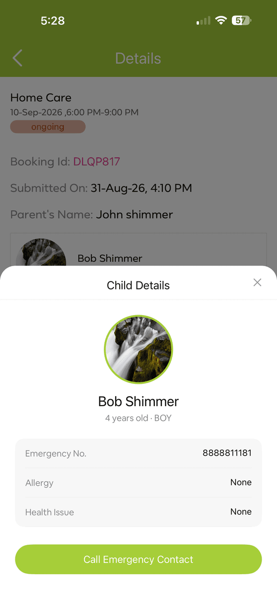 Creche staff app child safety record with emergency contact, allergy and health notes