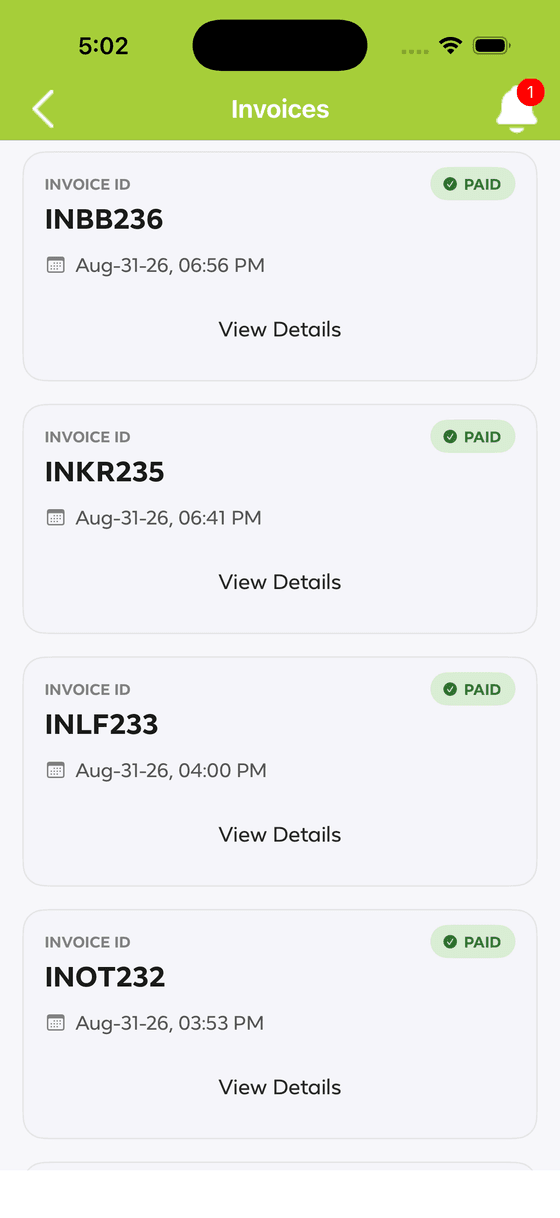 Daycare parent app invoice list showing paid childcare fees