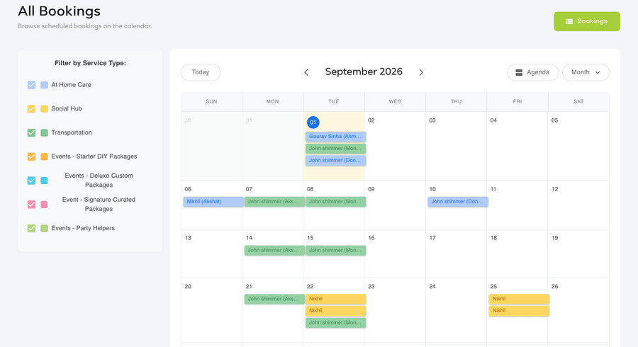Nursery management software booking calendar filtered by service type